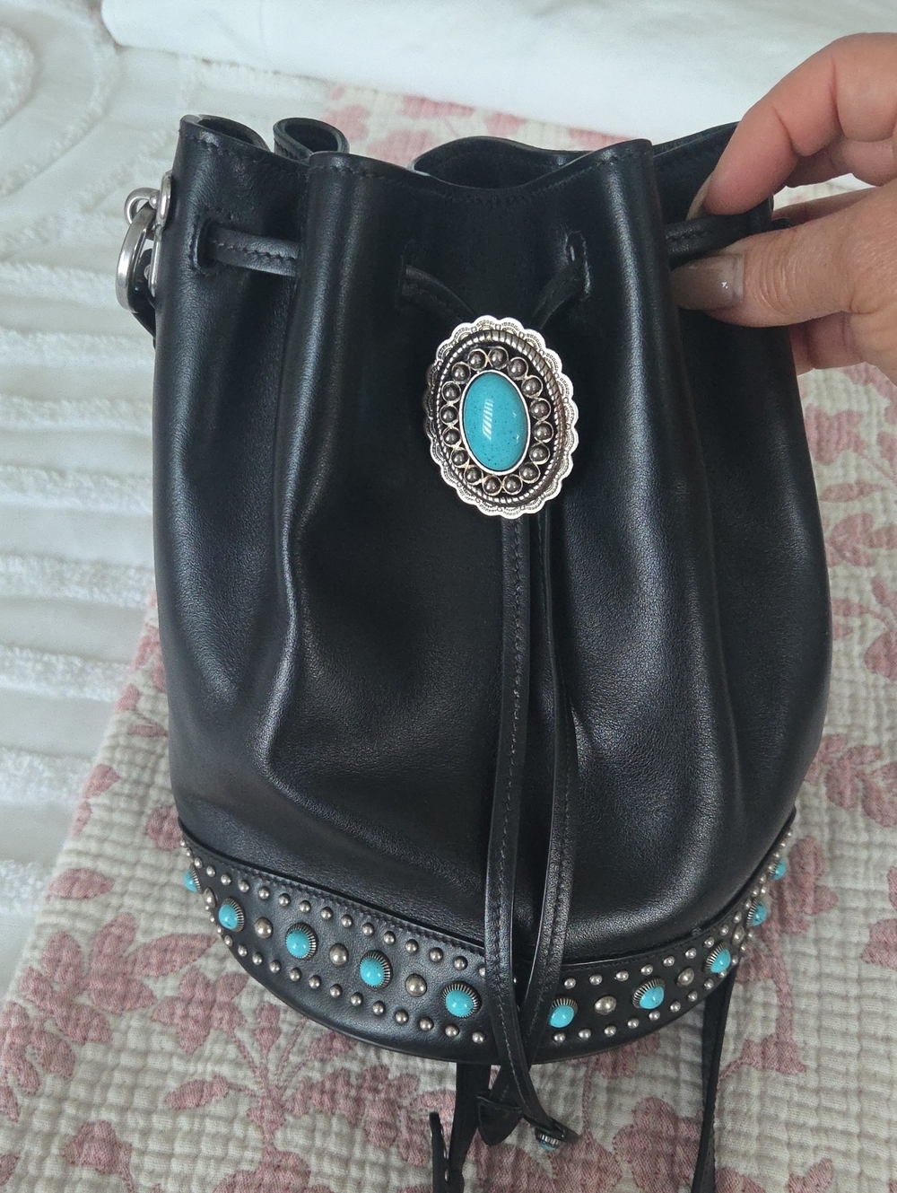 Black Leather Bucket Bag with Turquoise Stud Accents - Picture 11 of 12